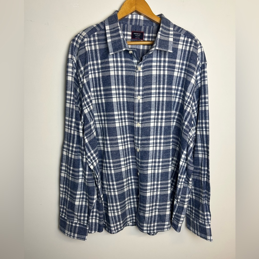 Untuckit Blue-White Plaid Men Button-Up Relaxed Fit Shirt Size 2XL 100% Cotton